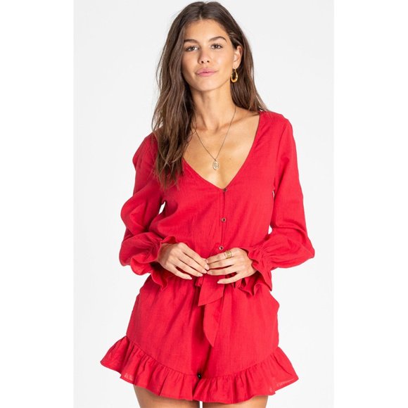 Billabong Pants - Billabong Play All Day Long Sleeve Romper Ruffle Trim Woven Cotton Red Small